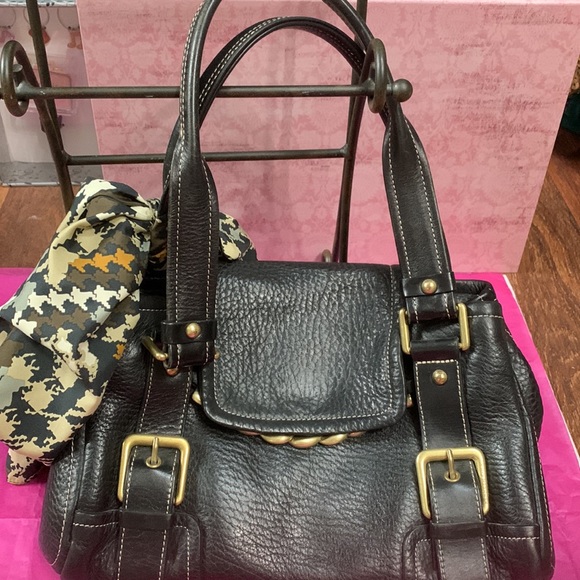 Kenneth Cole Handbags - Kenneth Cole Black Leather Pebbled leather small satchel, brass hardware & scarf